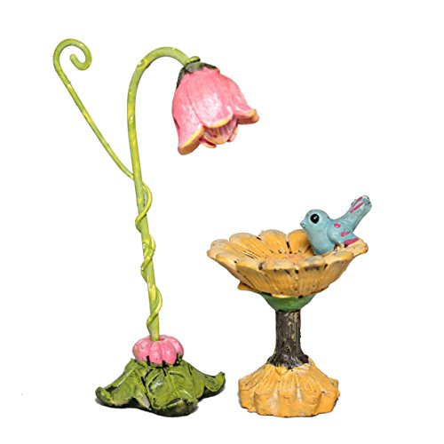 Miniature Fairy Garden Birdbath and Tulip Stake Set