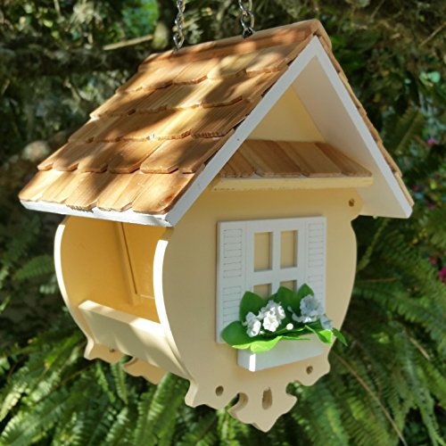 Little Yellow Cottage Wren Bird Feeder is a Peaceful Yellow Wood Birdfeeder with a Wood Shingled Roof and Pure White Trim
