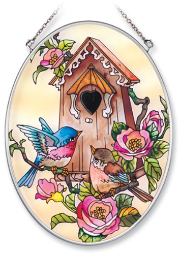 Amia Hand Painted Glass Suncatcher With Bluebird And Birdhouse Design 5-14-inch By 7-inch Oval
