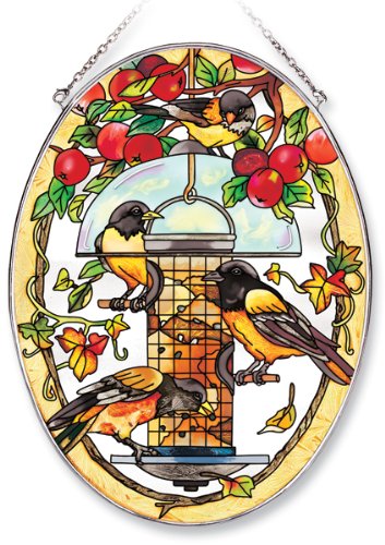 Amia Oval Suncatcher with Robin and Birdhouse Design Hand Painted Glass 6-12-Inch by 9-Inch