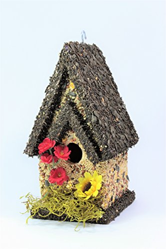 Handmade Edible Birdhouse- TALL DARK- Unique Reseedable Bird Feeder Wooden Birdhouse Covered w Birdseed- Made in the USA