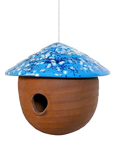 American Made Hanging Mushroom-top Birdhouse, Durable Stoneware With Steel Cable (blue)