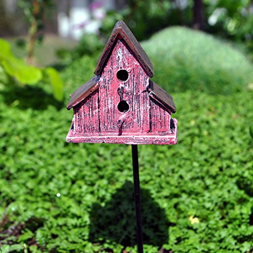 Miniature Fairy Garden Rustic Red Bird House Pick