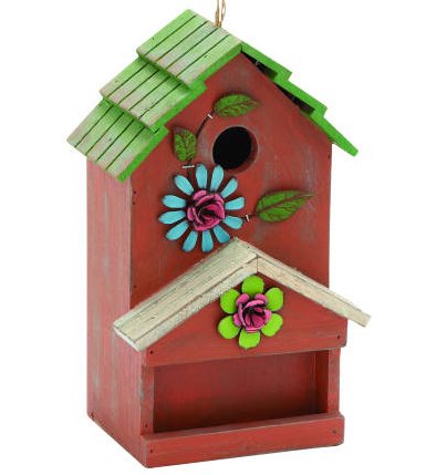 Wood Crafted Bird House With Metal Flowers Red Green 11-inch Garden Decoration