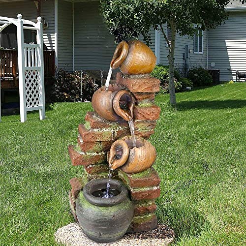 4 Tier Cascading Outdoor Floor Water Fountain with Led Light Brown Modern Contemporary Polyresin Handmade