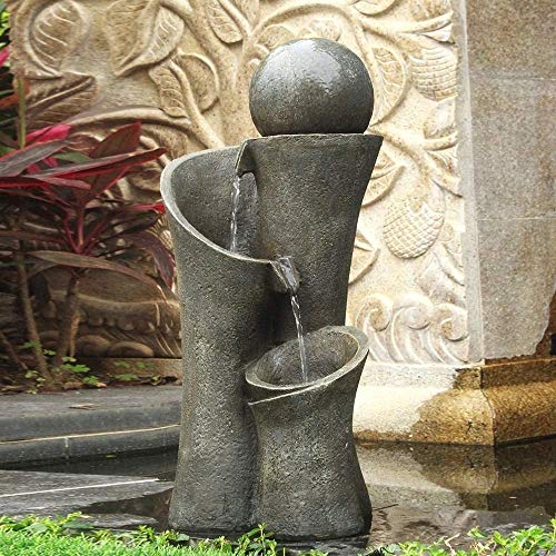 Faux Stone Indoor Outdoor Zen Floor Water Fountain with Led Lights for Home Garden Grey Polyresin