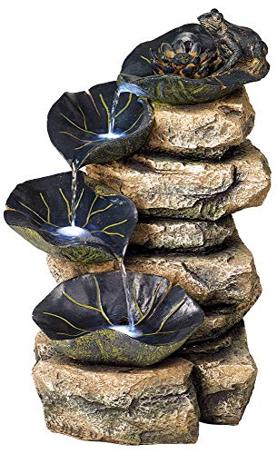 John Timberland Frog and Four Lily Pad Rustic Outdoor Floor Water Fountain with Light LED 21 High Stacked Rock Cascading for Yard Garden Patio Deck Home