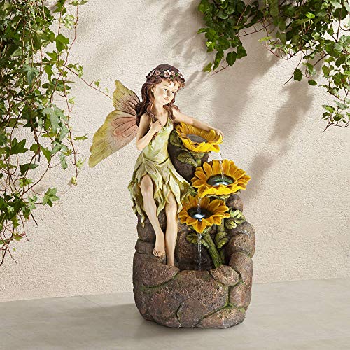 John Timberland Garden Fairy with Sunflowers Outdoor Floor Water Fountain with Light LED 26 High Cascading for Yard Garden Patio Deck Home