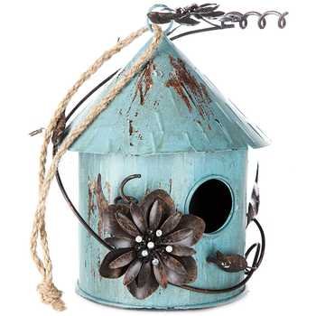 Antique Blue Tin Birdhouse With Metal Flowers