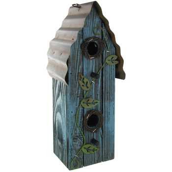 Blue Wood Hanging Birdhouse With Metal Vine