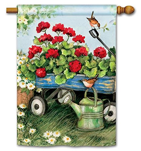 Breezeart Geraniums By The Dozen 28&quot X 40&quot House Flag - Floral Birds Watering Can Blue Painted Wagon