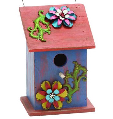 Wood Crafted Bird House With Metal Flowersleaves Red Blue 9-inch Garden Decoration