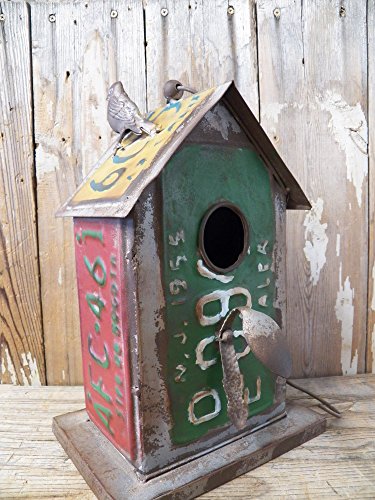 Adorable Industrial Style Old License Plate Metal Bird House Rustic Antique Styling Birdhouse