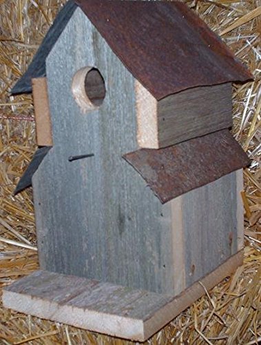 Amish Handcrafted One-hole - Two Roof Tin Barnwood Bird House Birdhouse Is Crafted From Reclaimed Barnwood And