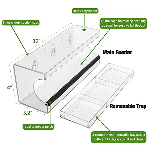 Hicollie Large Window Bird Feeder Clear Removable Tray Drain Holes 3 Heavy Duty Suction Cups