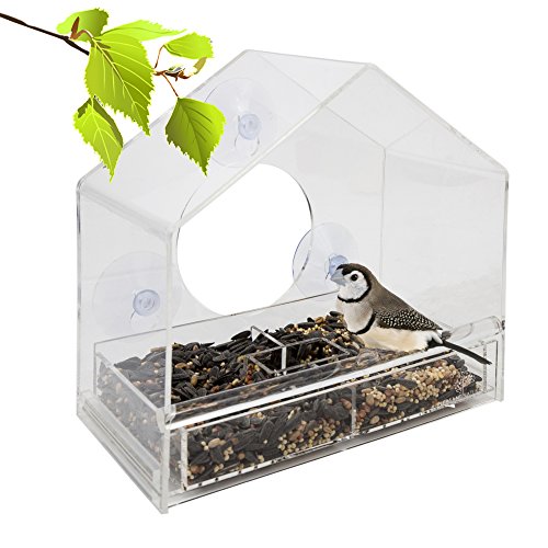 Large Clear Window Bird Feeder - Three Section Removable Multi-purpose Slide Tray With Breathe Holes Great Gift