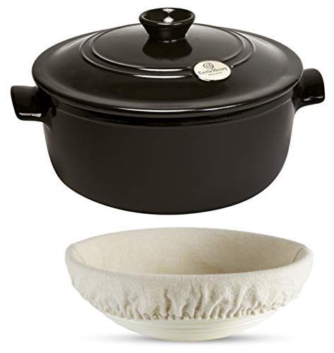 Dutch Oven Bread Baking Set- Ceramic Round Stewpot Dutch Oven Bread Pot Charcoal 8 inch Round Banneton Bread Rising Basket Fitted Cotton Liner