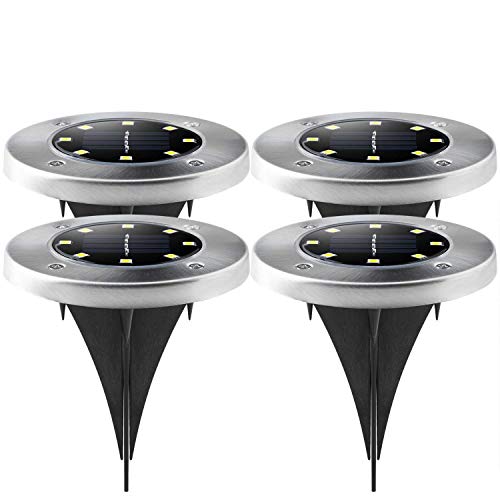 AlleTechPlus Solar Ground Lights 8 LED Garden Pathway Outdoor In-Ground Stainless Steel Decoration Lights 4 Pack for Driveway Patio Yard Garden Landscape Lighting Warm White