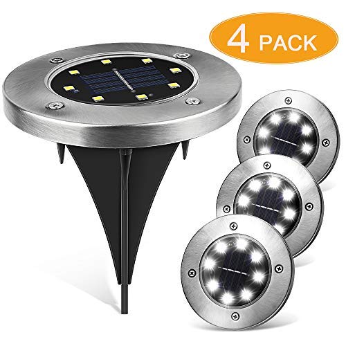 Solar Ground Lights Senignol 8 LED Waterproof Solar Powered Disk Lights with Light Sensor Garden Landscape Lighting for Pathway Outdoor in-Ground Lawn Yard Driveway Patio Walkway - White 4 Pack