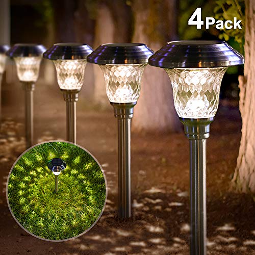 Solar Lights Pathway Outdoor Garden Path Glass Stainless Steel Waterproof Auto OnOff Bright White Wireless Sun Powered Landscape Lighting for Yard Patio Walkway Landscape In-Ground Spike Path Light