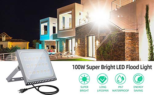 WZTO LED Flood Light Outdoor 100W10000Lm Super Bright Security Light with Plug 3000K Warm White IP65 WaterproofExterior Lighting Outside Floodlight LED Stadium Light Spotlight Wall Light