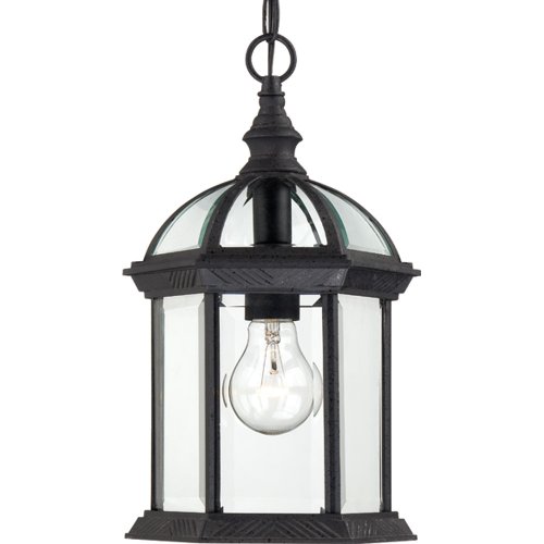 Nuvo Lighting 604979 Boxwood One Light Hanging Lantern 100 Watt A19 Max Clear Beveled Glass Textured Black Outdoor Fixture