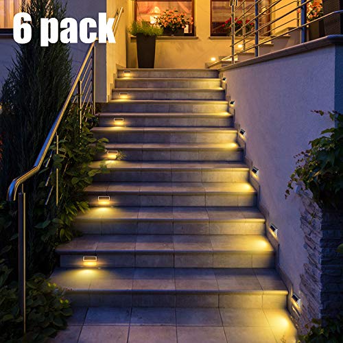 Solar Deck Lights DBF Upgrade 30 LED Solar Step Lights Metal Outdoor Decorative Solar Powered Wall Light Landscape Lighting for Garden Patio Fence Post Stairs Auto OnOff Warm White 6Pack