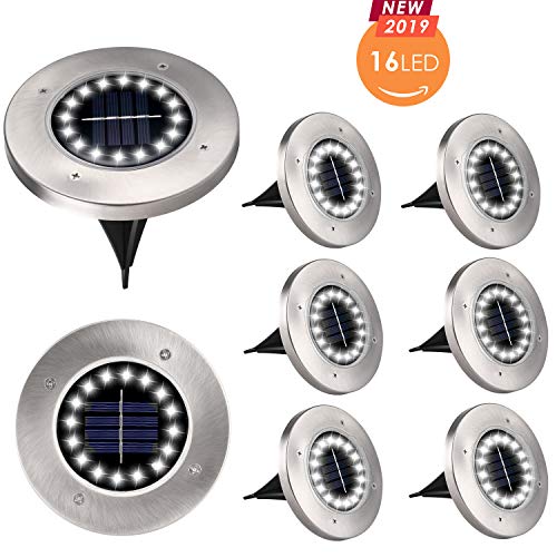 MOICO Solar Ground Lights 16 LED Solar Garden Lights Outdoor Waterproof in-Ground LightsSolar Powered Landscape Disk Lights for LawnPathwayYardStep and Walkway-8 PackWhite