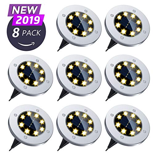 Solar Ground Lights 8 LED Solar Disk Lights Outdoor Waterproof for Garden Yard Patio Pathway Lawn Driveway Walkway- Warm White 8 Pack
