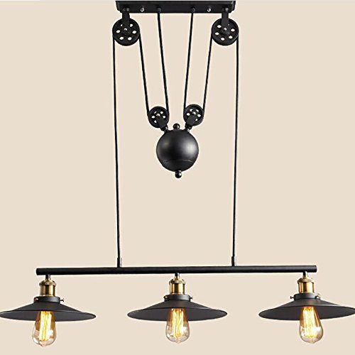 WinSoon Large Size Black Iron Painted Creative Pulley Style 3-Lights Vintage Pendant Lighting for Kitchen Island Bar 3 Heads