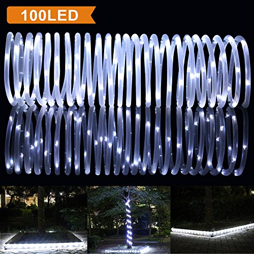 LTE 33ft 100 LED Solar Rope Lights Outdoor Waterproof Solar Rope Lights  Ideal for DecorationsChristmasGardens Lawn Patio Weddings PartiesDaylight White