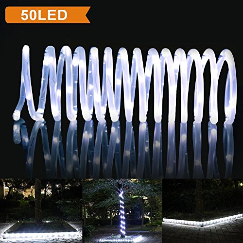 LTE 50 LED Solar Rope Lights 23ft 65ft lead cable included Outdoor Waterproof LED Solar Rope Lights Ideal for DecorationsGardens Lawn Patio Weddings PartiesDaylight White