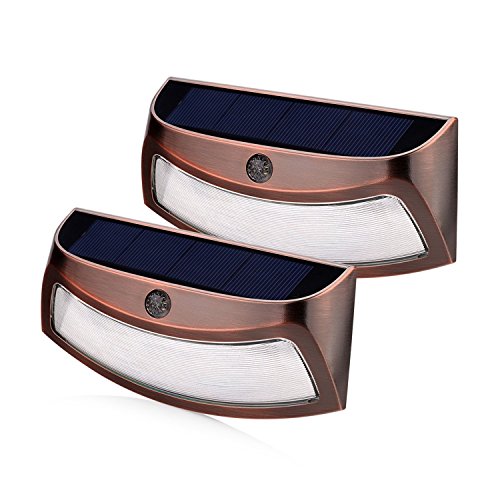 Solar Powered Step Lights 2-pack - Elegant curved modern design with 4 LED Energy efficient constant lighting mode provides soft white light Great for porches steps and landscaping Copper