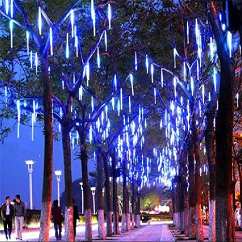 LED Meteor Shower Rain Lights Outdoor String Lights Waterproof Garden Lights 30cm 8 Tubes 144leds Snow Falling Raindrop Cascading light for Holiday Wedding Xmas Tree Decor Blue Color