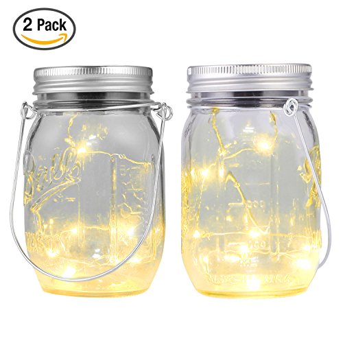 2 Pack - Mason Jar Lights - Solar Mason Jar Lid Insert with LED String Lights - Warm White Firefly Lights Hanging Lantern Lights with Wire Hanger for Garden Patio Outdoor Party Decorations