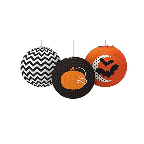 Amscan New Age Scare Halloween Party Pumpkinamp Bat Hanging Round Lantern 3 Piece Multicolor 9 12&quot
