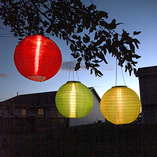 Set of 3 Red Yellow and Green 12 Triple LED Oriental Solar Nylon Hanging Lantern Auto Timer Water Resistant Rechargeable Batteries Included