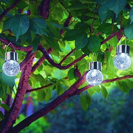 3pcs-PACK Crackle Glass Globe Solar Lights With Hanger Sogrand Solar Pathway Light Hanging Lights Gazebo Lights