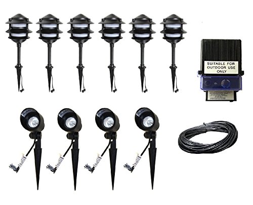 12 Piece Lighting Kit Malibu LED 3-Tier Pathway Lights Incandescent Floodlights  150 watt Transformer  100 ft Landscape Wire Black Color Finish BY MALIBU DISTRIBUTION