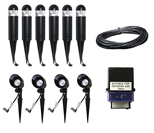 12 Piece Lighting Kit Malibu LED Black Pathway Bollard Lights Incandescent Floodlights Uplights 150 watt Transformer and 100 ft 16 gauge low voltage Landscape Wire BY MALIBU DISTRIBUTION