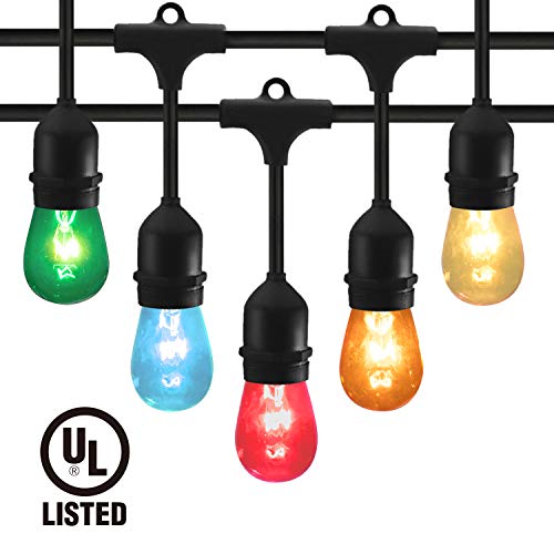 48 FT Colored Outdoor String Lights with 15 Commercial Grade S14 Hanging Sockets Multicolored Lighting Strands for Cafe Home Patio Party Backyard Garden Patio Deck Decoration Weatherproof