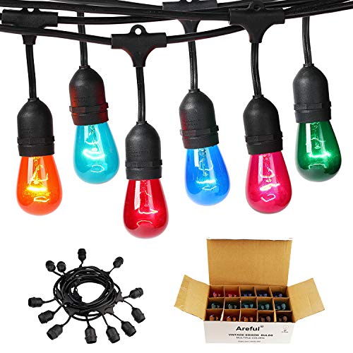 Areful Colored Outdoor String Lights 24ft Weatherproof Connectable Multicolored Commercial Lighting Strands with 12 Hanging Sockets and 15 S14 Bulbs for Patio Bistro Porch Garden Deck Café or Party