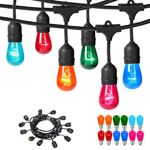 Areful Outdoor String Lights 24FT Connectable Waterproof Commercial Lighting Strands with 12 Hanging Sockets and 15 S14 Multicolored Bulbs for Party Festival Business Home Decoration