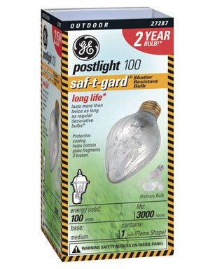 G E Lighting 44540 Saf-T-Gard Outdoor Post Light Bulb 100Watt 100F20TFSTG