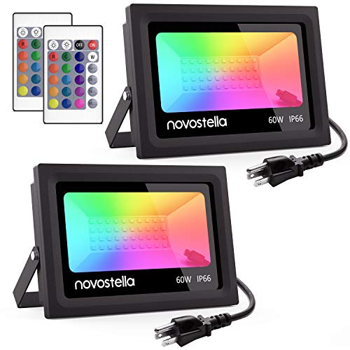 Ustellar 2 Pack 60W RGB LED Flood Lights Outdoor Color Changing Floodlight with Remote Control IP66 Waterproof 16 Colors 4 Modes Dimmable Wall Washer Light Stage Lighting with US 3-Plug