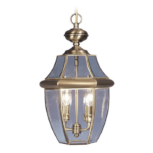 Livex Lighting 2255-01 Monterey 2 Light Outdoor Antique Brass Finish Solid Brass Hanging Lantern  with Clear Beveled Glass