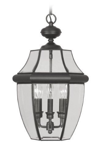Livex Lighting 2355-04 Monterey 3 Light Outdoor Black Finish Solid Brass Hanging Lantern with Clear Beveled Glass