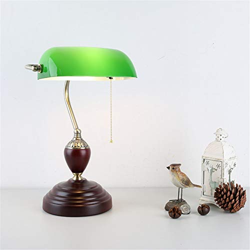 BAYCHEER Bankers Lamp Wood Table Lamp Decorative Bankers Lamp with Green Glass Shade and Mahogany Vintage Desk lamp Base Eye Protection Light with Pull Chain Switch Antique lamp B