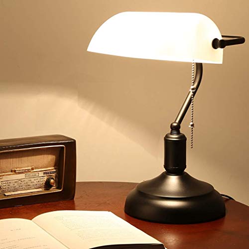 Bedside Lamp Retro Banker Lamp Antique Style Desk Lamp White Glass Lampshade with Retro Metal Base Puller with Metal Beads Bedside Table Antique Table Lamp Furniture Light