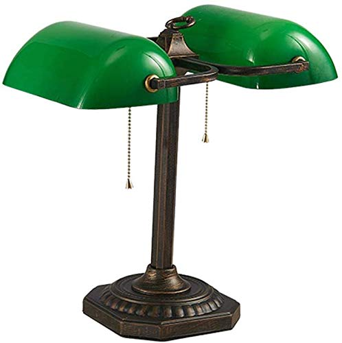 Retro Bankers Lamp Double Lamphead Antique Style Desk Light Emerald Green Glass Shade with Retro Brass Base for Bedside Table